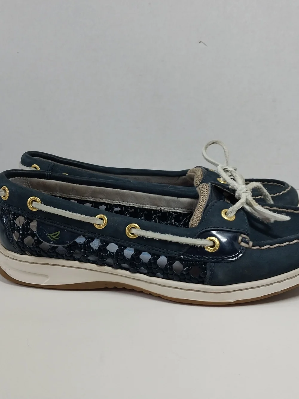 Sperry Top Siders Women's Navy Blue Woven Leather Boat Shoes Size 7.5 Nautical